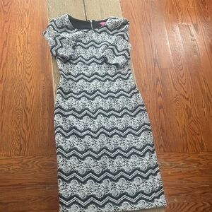 Betsey Johnson Black and White Zigzag Lace Midi Dress
